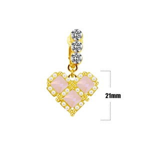 Detail of gold heart pendant with pink square gemstones and white beads, size 21mm