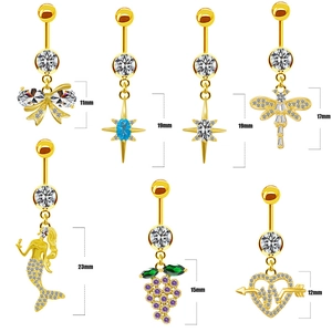 Detailed size chart for gold belly bars featuring mermaid, dragonfly, and heart charms
