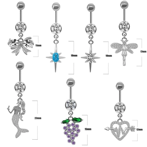 Collection of crystal belly button rings with mermaid and butterfly charms in various lengths