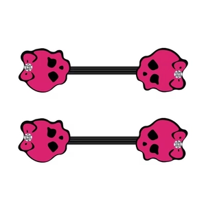 Close-up of black stainless steel nipple rings featuring pink bow skull charms
