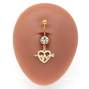 Gold heart-shaped belly button ring with heart rate line and clear zircon inlay