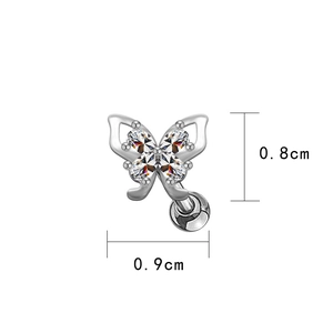 Macro view of butterfly cartilage stud with marquise zircon wings measuring 0.8cm by 0.9cm