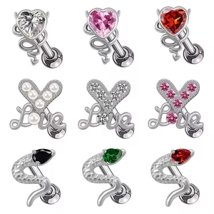 Joyas para Piercing de Cobre Zirconia Corazón Love Serpiente para Mujeres Hombres Estilo Punk Plateado Pendientes de Botón para Ombligo
