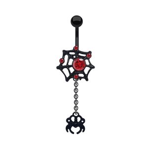 Gothic navelpiercing met zwart spinnenweb en rode strass-steentjes op witte achtergrond