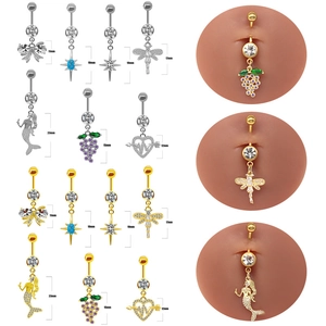 Fashion Fruit Mermaid Rhinestone Belly Button Ring Heart Star Dragonfly Grape Bow Navel Ring Body Piercing Jewelry For Unisex