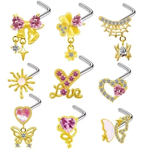 L-Shaped Nose Studs Stainless Steel Post Copper Zircon Butterfly Heart Bow Moon Star Dangle Body Piercing Jewelry For Women