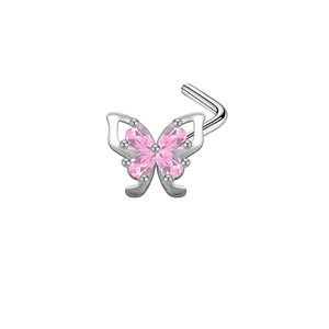 Piercing al naso a L in acciaio inossidabile con design a farfalla in zircone rosa brillante