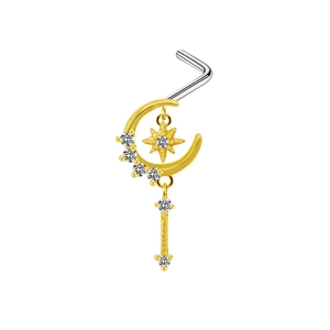 Detailed view of gold nose studs with zircon moon and star charms on white background