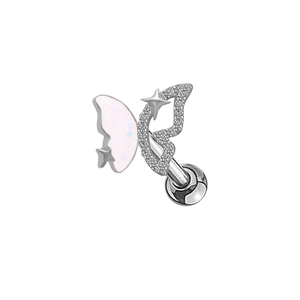 Pink opal butterfly flat back stud earring with star element and silver plating