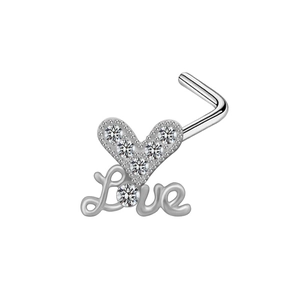 Piercing naso a L con cuore di cristallo e scritta Love in acciaio inox argento