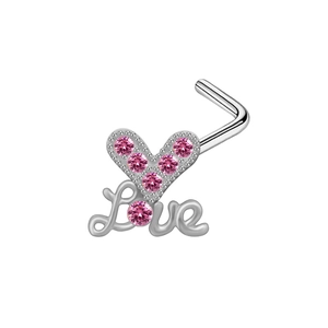 Piercing al naso a L con cuore di zircone rosa e scritta Love in acciaio inossidabile