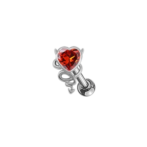 Pendiente labret de corazón rojo con circonita y alas de demonio en acero pulido