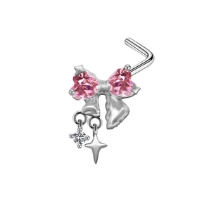Piercing al naso a L in acciaio inox con fiocco rosa, zircone rotondo e ciondolo a stella