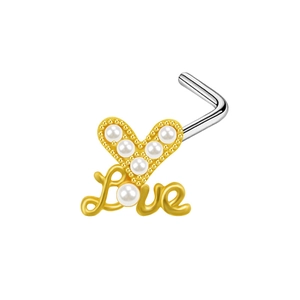 L-shaped gold nose stud with heart-shaped faux pearls and Love letter detail