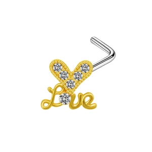Detailed macro view of L-shaped nose stud with gold heart and Love letter design