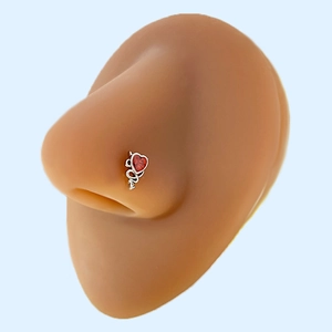 Dettaglio di un piercing al naso d'argento con gemma rossa a cuore e decori a filigrana