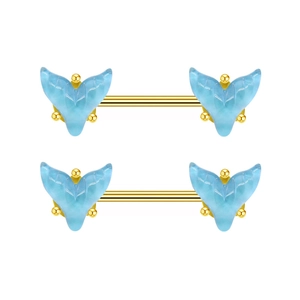 Paire de piercings de mamelon en acier doré avec pendentifs queue de poisson bleue