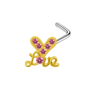 L-shaped gold nose stud featuring a pink crystal heart and artistic Love letter design