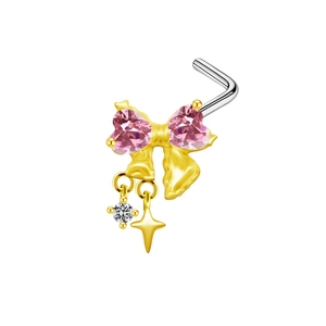L-shaped gold plated nose stud with pink heart zircon bow and star charms