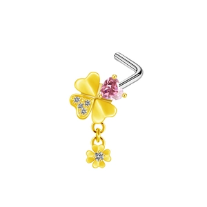 L-shaped gold nose stud featuring a clover design with pink heart zircon and small charm