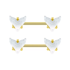 Piercings de téton en acier inoxydable doré avec des charmes de queue de poisson blancs