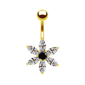 Piercing de ombligo en oro con pétalos de circón y piedra negra central elegante