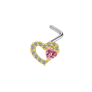 Detailed macro view of an L-shaped nose stud featuring a pink heart zircon in a gold frame