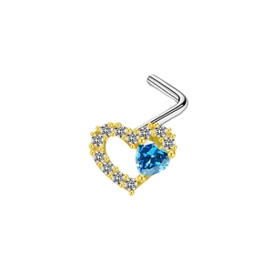 L-shaped nose stud featuring a gold heart with blue crystal and white zircon pavé