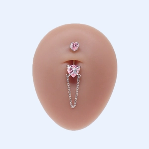 Piercing para ombligo de acero con circonitas rosas de corazón y cadenita