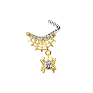 L-shaped gold plated nose stud with spider web design and pear-shaped zircon stones