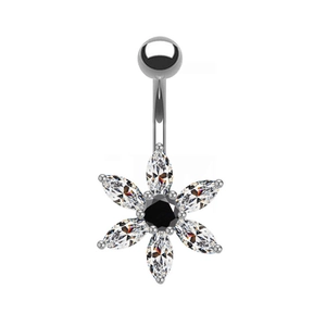 Piercing de ombligo floral con circonitas blancas marquesa y piedra central negra