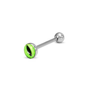 Piercing de langue en acier inoxydable avec boule motif œil de chat vert et barre droite
