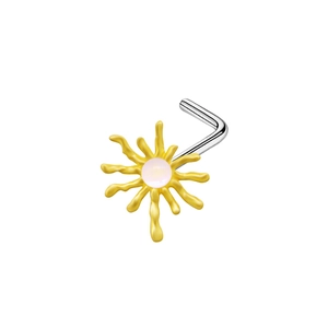 L-shaped stainless steel nose stud with pink sunburst design and yellow enamel details