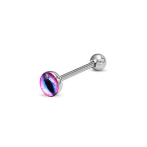 Vue macro du piercing de langue en acier 316L avec incrustation nébuleuse violette