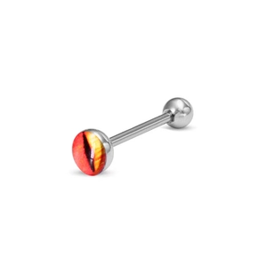 Gros plan d'un piercing de langue en acier avec boule à motif œil de dragon rouge et jaune
