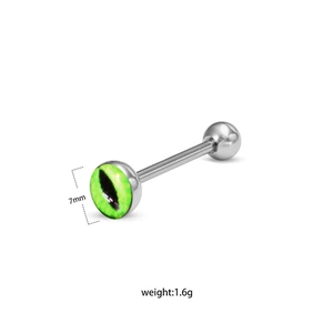 Détail du piercing de langue en acier inoxydable de 7mm avec motif œil de chat vert