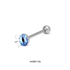 Détail du piercing de langue en acier inoxydable avec perle œil bleu et 7 mm de diamètre