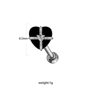 Piercing barbell a cuore nero con croce argento e zircone a cuore, misura 8.5mm