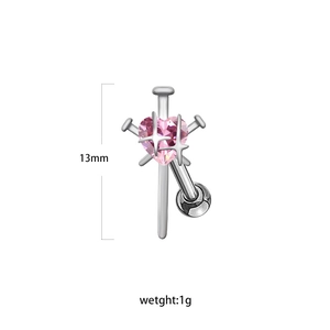 Piercing ombelico in argento con zircone a cuore rosa e punte a croce 13mm