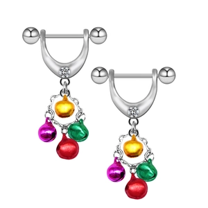 Surgical steel nipple rings set with clear zircon and colorful jingling bell charms