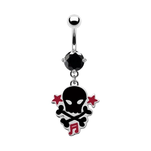 Punk style navel ring with black gemstone, skull pendant and red music note details