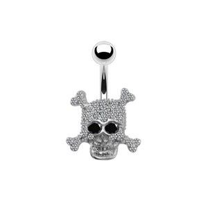 Detailed view of silver skull belly ring with sparkling crystals and black stone eyes