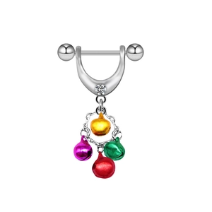 Detailed view of silver nipple ring with rhinestone shield and four colorful bell charms