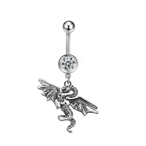 Detail of silver navel piercing with round zircon and hanging flying dragon pendant