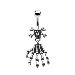 Gothic punk belly button ring featuring vintage silver skull and skeleton hand pendant