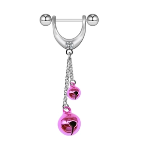 Detail of stainless steel nipple ring featuring pink bells and a sparkling crystal stud