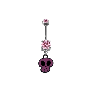 Detailed view of punk belly ring with pink crystals and purple skull charm pendant