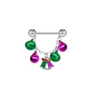 Macro detail of Christmas nipple ring with colorful bells and silver barbell bar