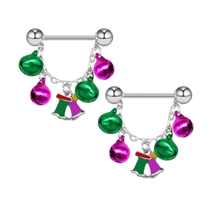 Christmas nipple rings with colorful bells and stocking charms in polished steel
