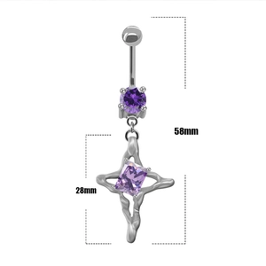 Detaillierte Größenangabe des silbernen Bauchnabelpiercings mit lila Edelstein und Kreuz